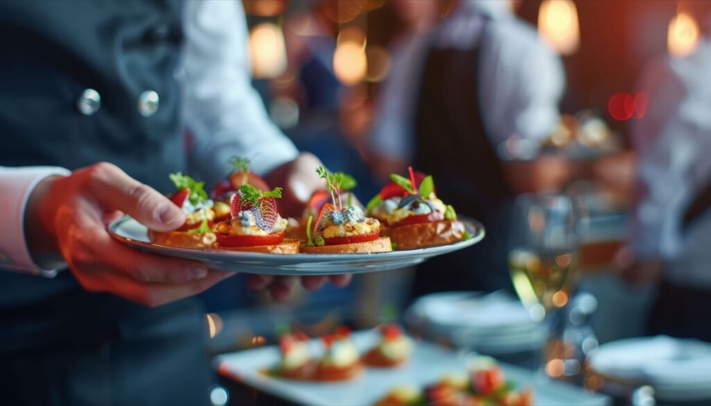 uniformed holiday party servers at a corporate event in the Bay Area